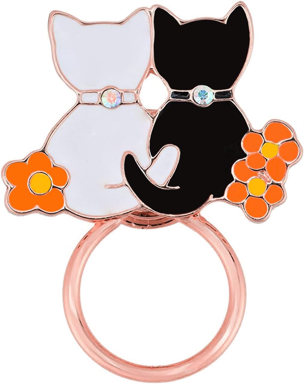 Exquisite Black and White Cats Couple Lovers Magnetic Eyeglass Holder Brooch Pin with Flower
