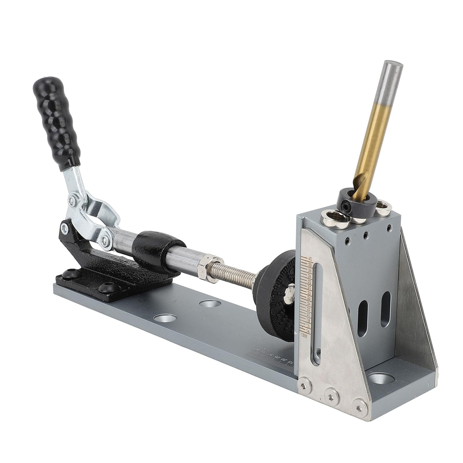 Kit professionale per fori a tasca con regolazione dell'angolo per progetti di falegnameria fai-da-te, in lega di alluminio e legno massello, set da 33 pezzi, 27x6 cm.