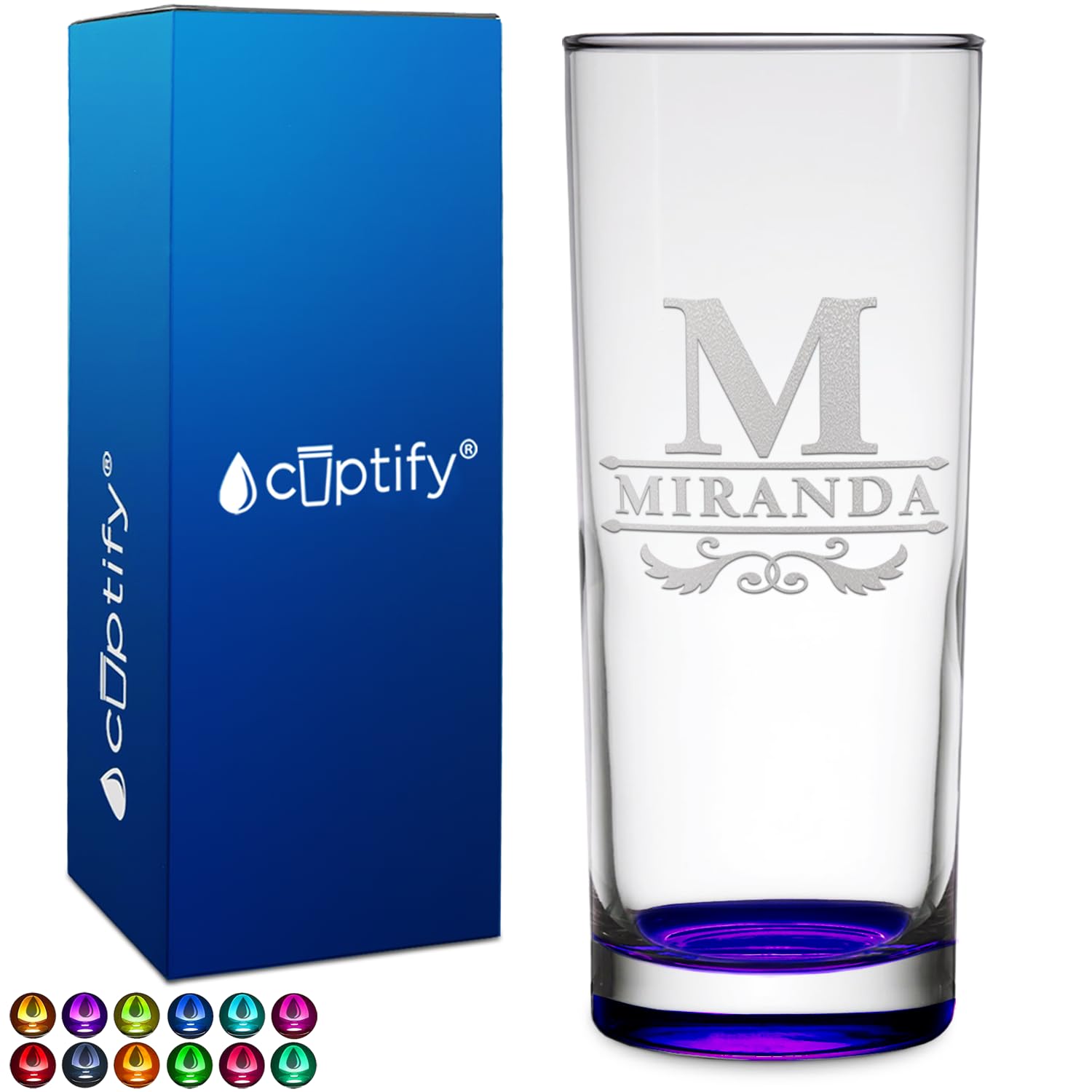 Personalized Highball 10.5 oz with Purple Bottom, Custom Tall Collins Glass, Straight up Mixed Drink Cocktail - Initial with Name Gift