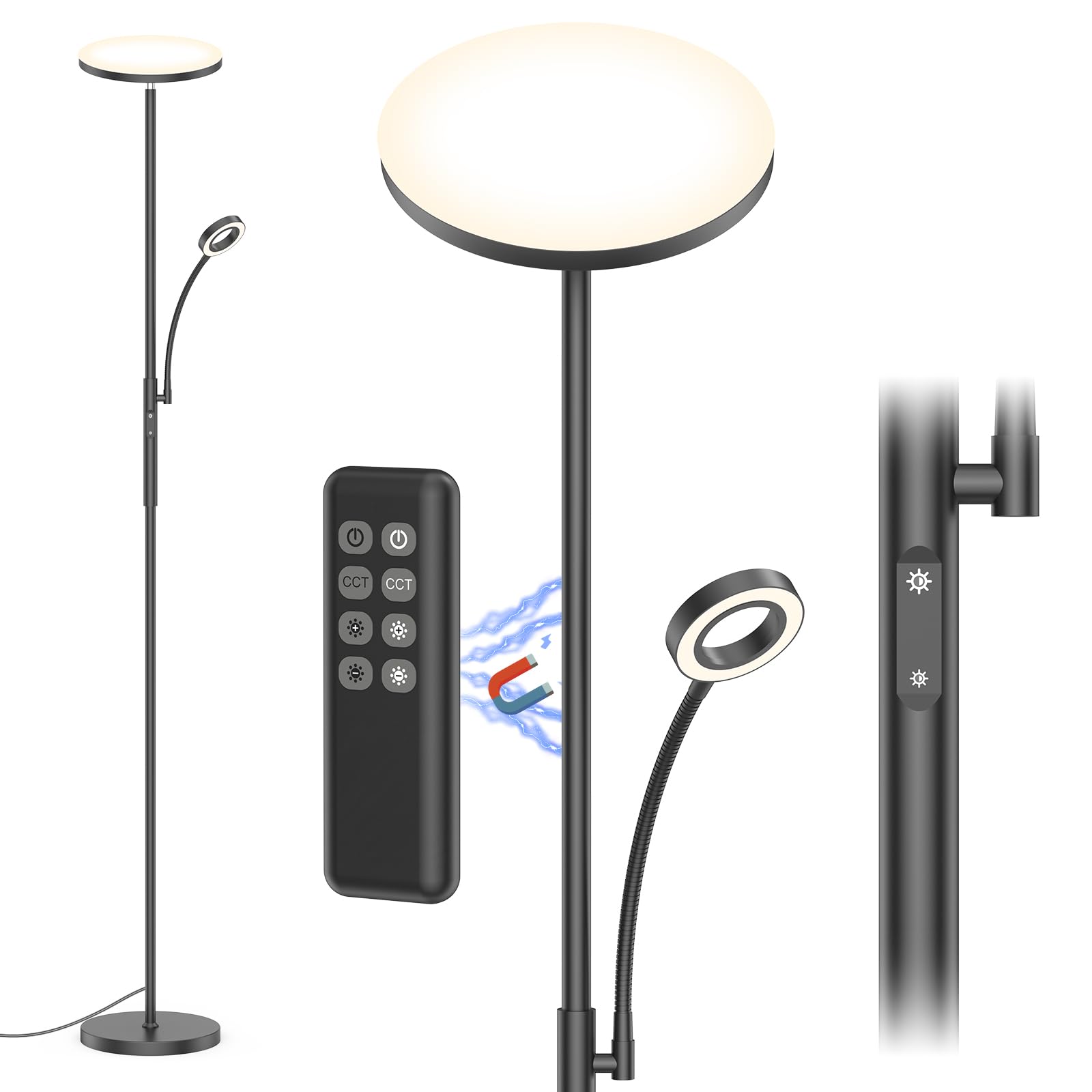 Lampara de Pie LED Salón Regulable, 4200LM 35W Lámpara de Pie Moderna con Lámpara de Lectura Ajustable, 3000K-6000K Lamparas LED con Control Remoto, Táctil y Función Memoria para Dormitorio, Oficina