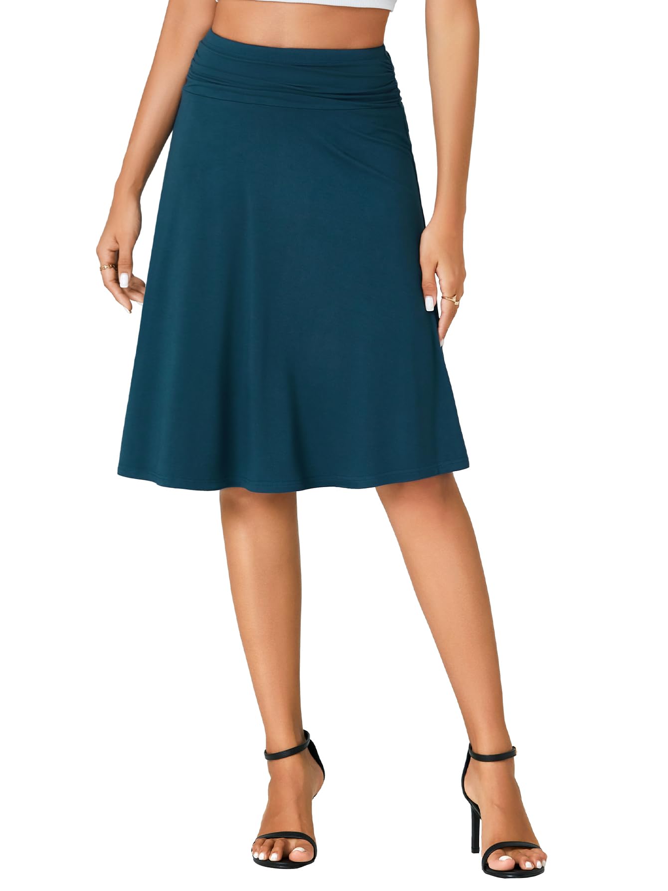 LYANER Womens Knee Length Skirt Lightweight Ruched High Waist Skirts Casual Flared Skirt