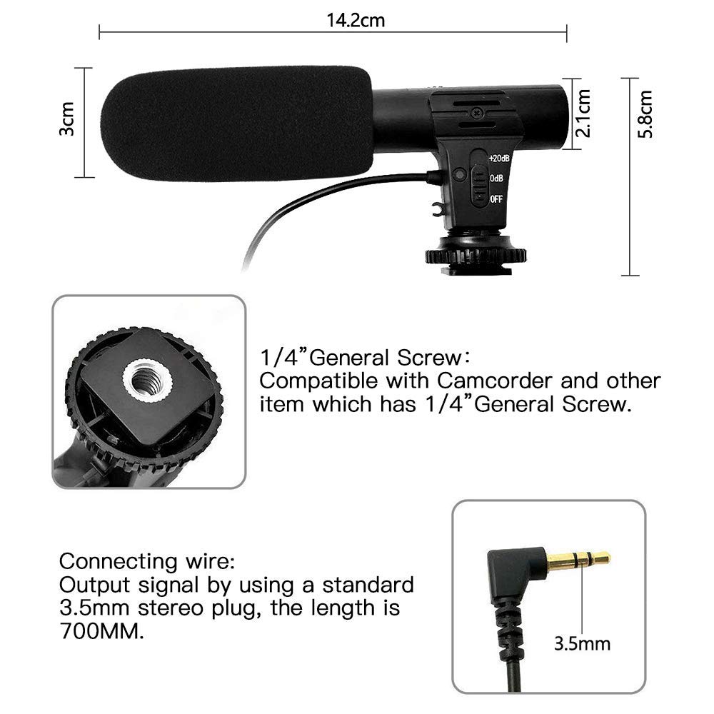 Onewer Microfono per fotocamera, Microfono per registrazione video shotory Microfono per videocamera ipercardioide esterna per videocamera Nikon Canon DSLR Camera/DV