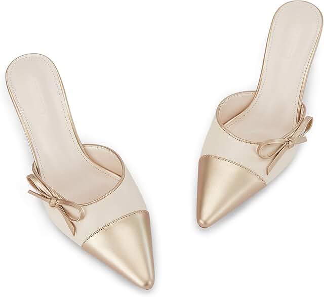 Coutgo Womens Bow Tie Mules Heels Two Tone Closed Pointed Toe Slip On Ba...