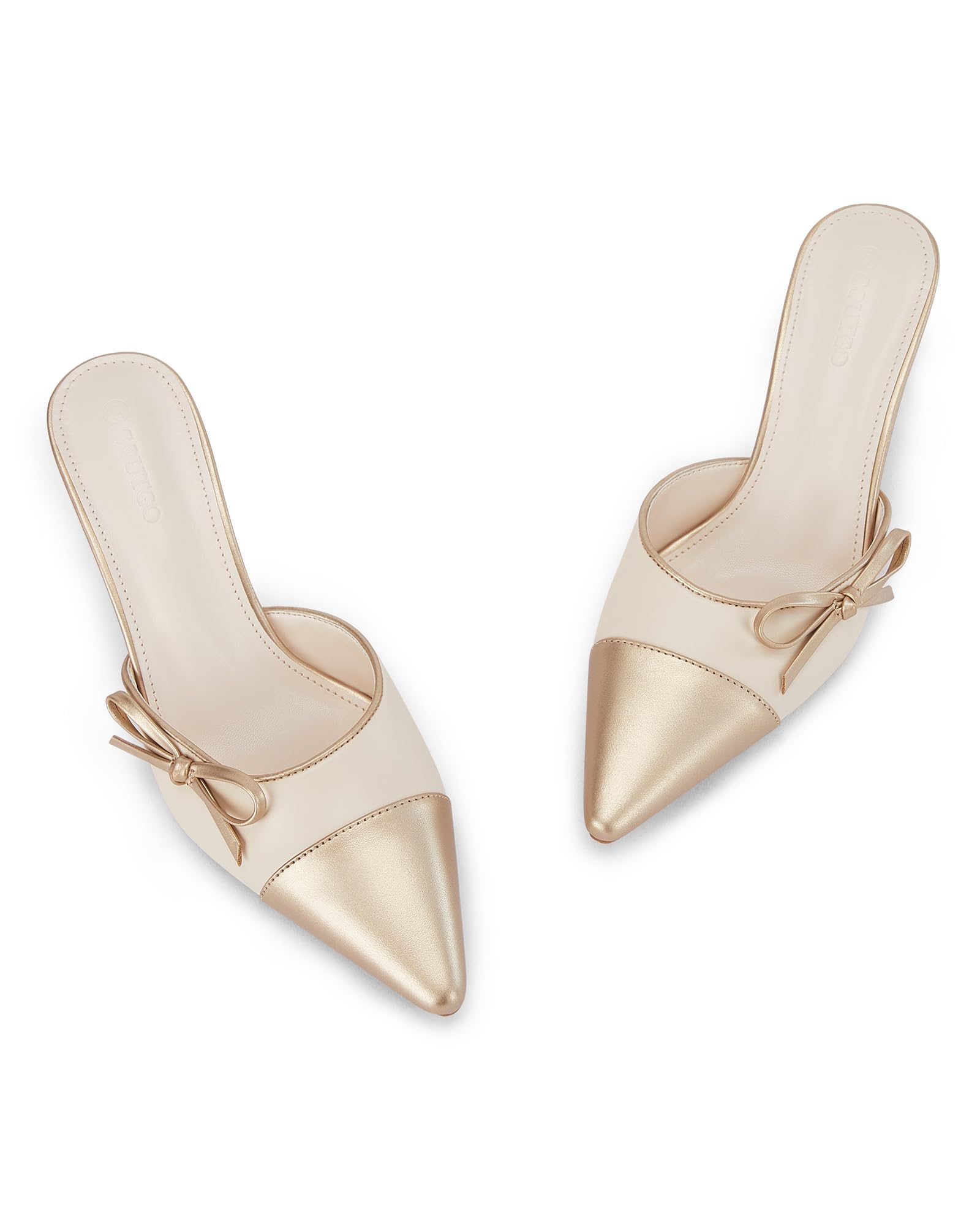 Coutgo Womens Kitten Heels Bow Tie Mules Two Tone Closed Pointed Toe Slip On Backless Wedding Dress Shoes Pumps