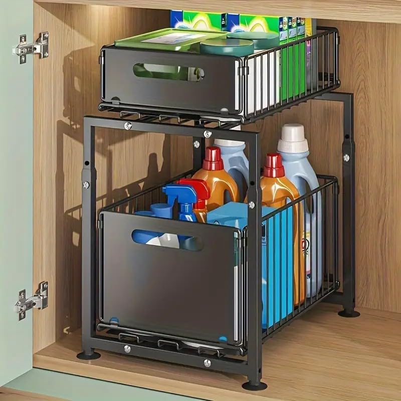 Organizer per Armadio da Cucina con Altezza Regolabile, 2 Livelli, Organizer da Cucina Estensibile, Scaffale da Cucina, Piano di Lavoro in Metallo Sotto-Lavello per Bagno, Cucina (1, Doppio