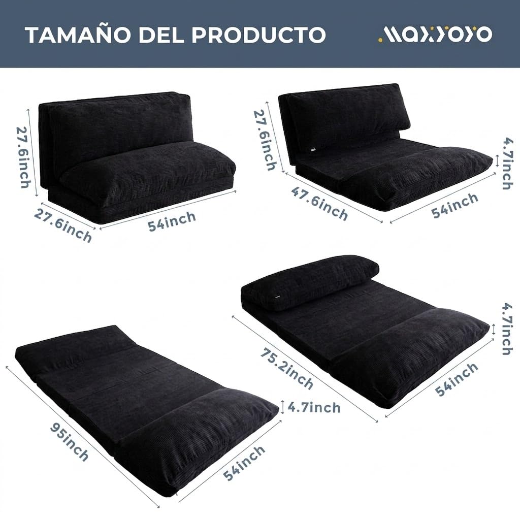 MAXYOYO - Puf plegable de pana con relleno de espuma, extra grueso, 4 capas, colchón/sofá de suelo para adultos, funda extraíble y lavable a máquina, color negro, 135 x 240 cm