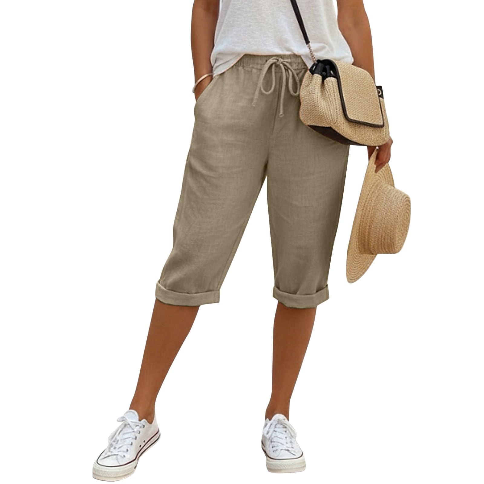 Pantaloni in Lino Donna 3/4 Curvy Pantaloncini Donna Estivi Cotone e Lino Leggeri Vita Alta con Coulisse ed Elastico Shorts Bermuda Larghi Eleganti Casual con Tasche per Spiaggia Sport e Tempo Libero