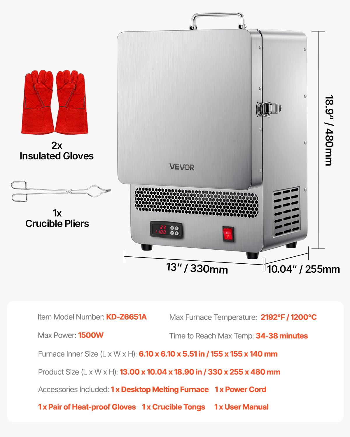 VEVOR Forno Fusione da Tavolo Elettrico da 1500 W, Temperatura Massima 1200 ℃, Acciaio Inox, Forno per Fusione dell'Oro, per Fusione della Cera, Argilla Fai da Te, Tempra dei Metalli