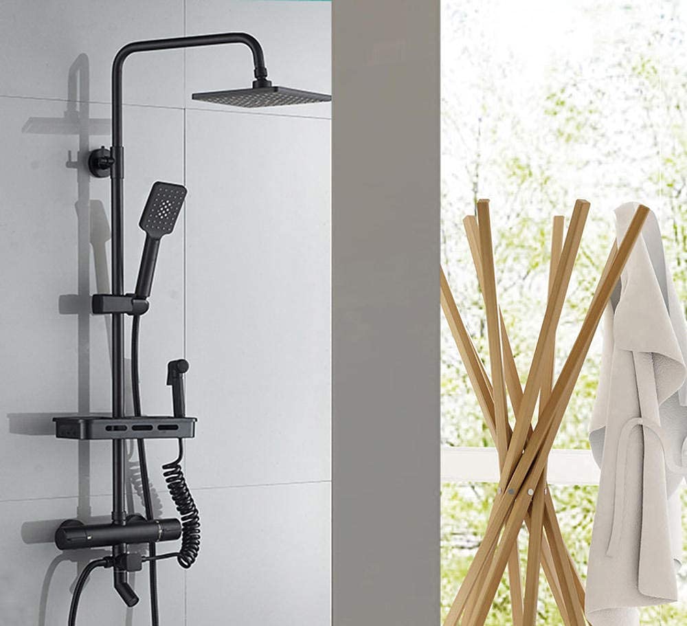 Sjdopulse Black Thermostatic Shower Mixer Set, Shower Kits With Overhead Shower Square Rain Shower Head With Sprayer 3 Modes Multifunctional Shower System-Chrome,
