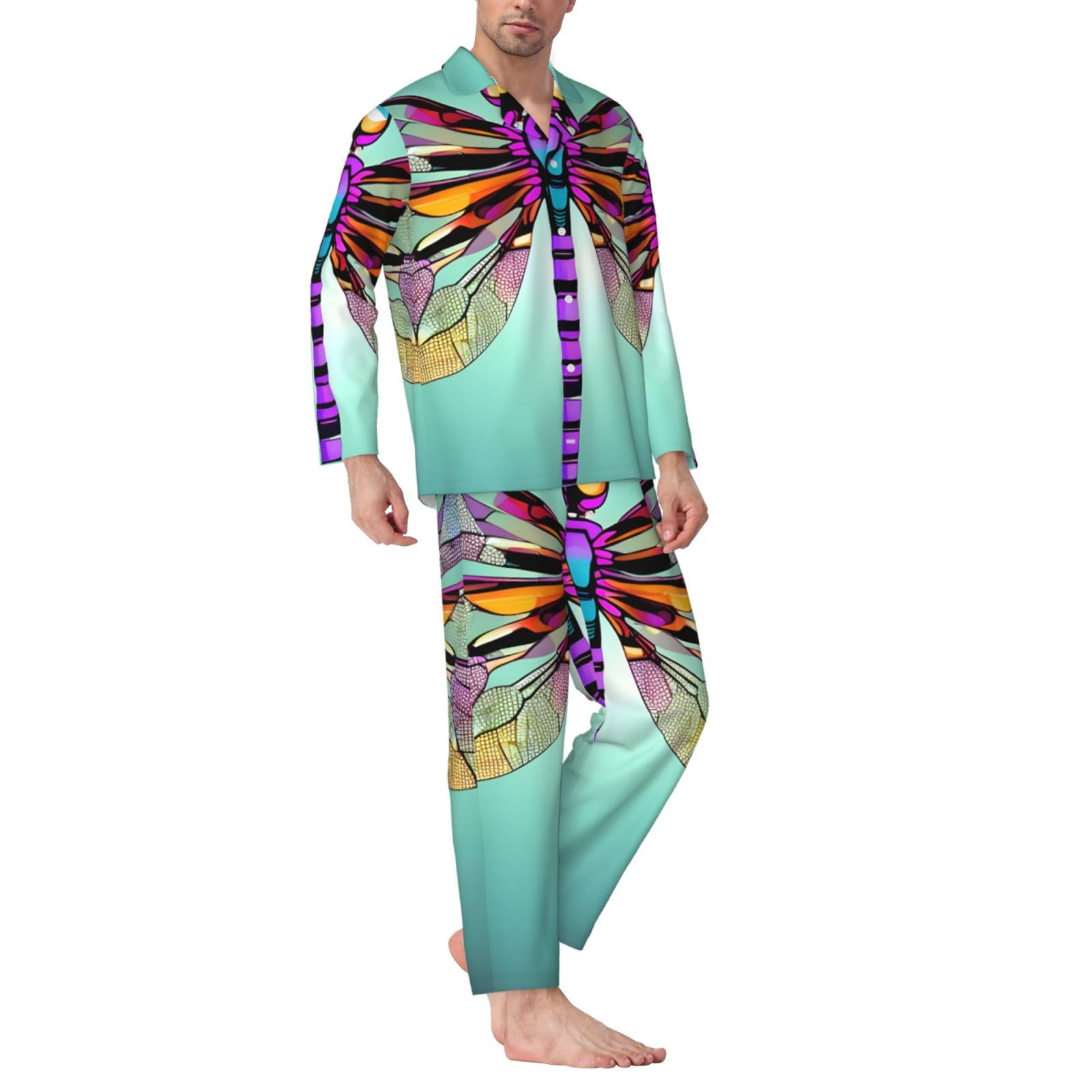 Herren-Pyjama-Set mit niedlichem Libellenmuster, langärmelig, zweiteilig, Hauskleidung, bequeme Nachtwäsche