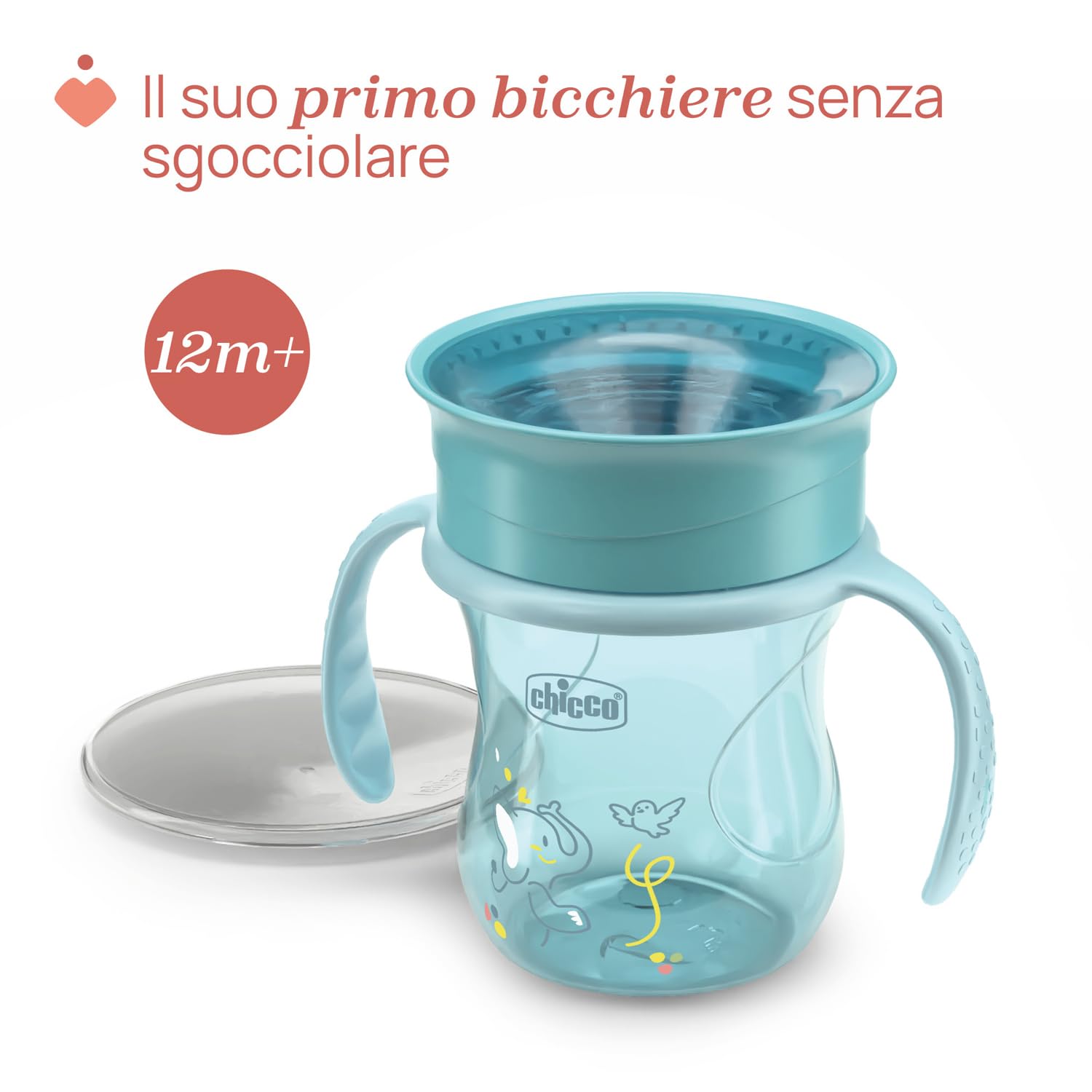 Chicco Perfect Cup Primo Bicchiere per Bambini 200 ml, 1 Tazza Biberon 12+ Mesi per Imparare a Bere, con Membrana in Silicone a 360° e Manici Rimovibili, senza BPA, Azzurro