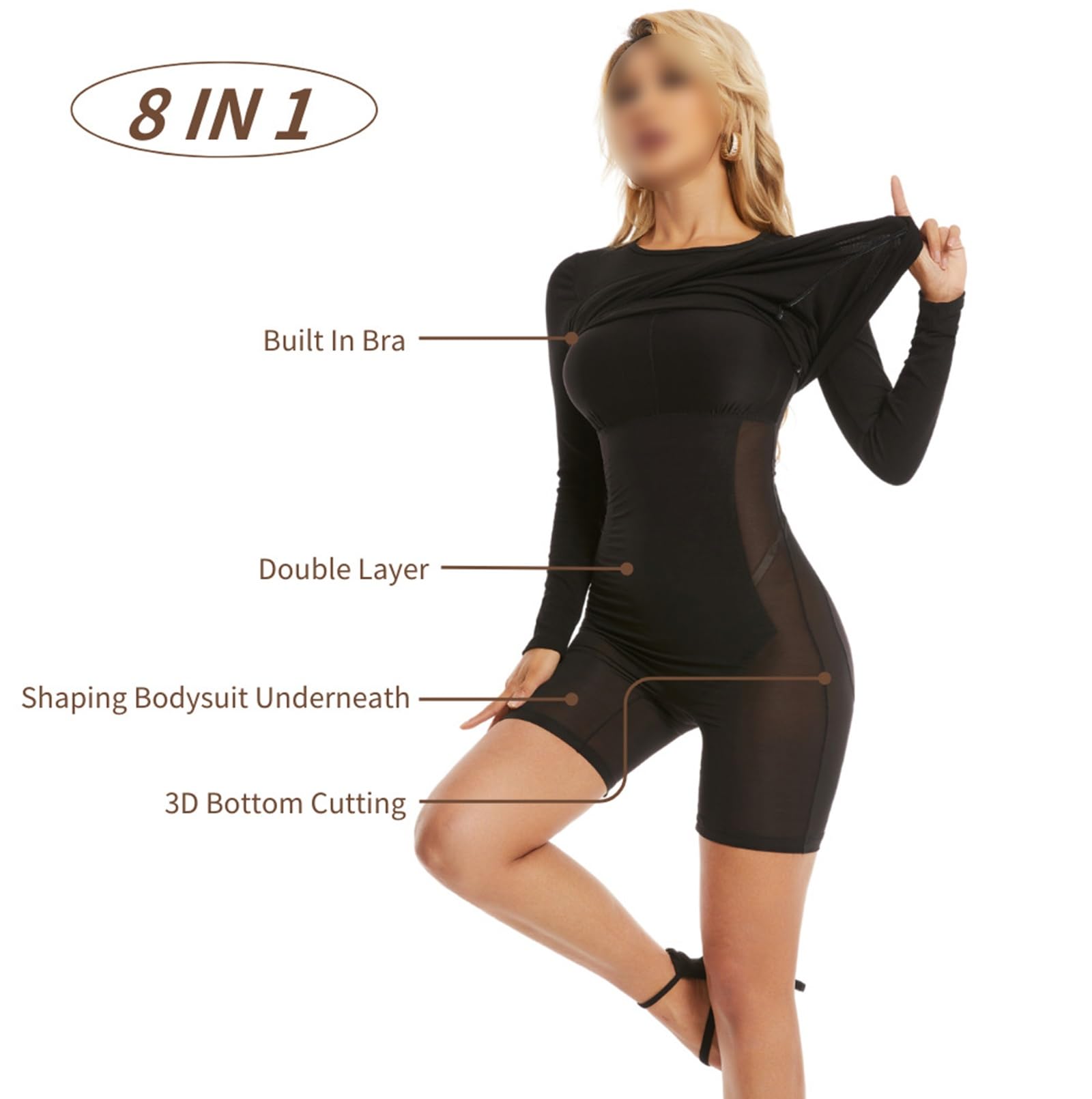 HLTYGWX Vestido Lencero Moldeador de Mujer Vestido de Manga Larga Vestido Largo con Control de Barriga