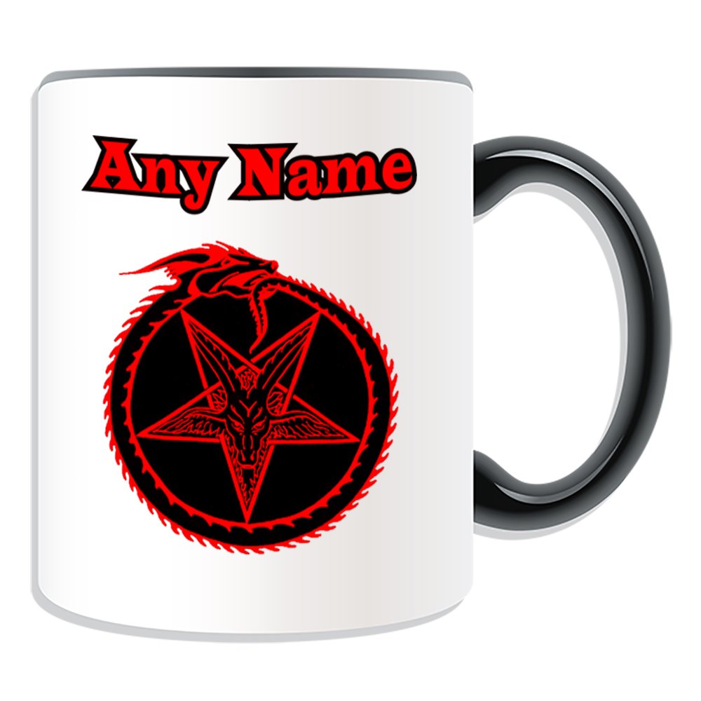 Unigift Black Personalised Gift - Inverted Pentagram Dragon Mug (Religion Theistic Design Theme, Colour Options) - Any Name / Message On Your Unique - Witchcraft Magic Evocation Spirit Water Fire Earth Air Tarot Logo Mark Badge Symbol Tattoo Totem Emblem Decoration Fancy Gothic Punk Cultural God Goddess Witch Mage Wizard Warlock Sorcerer Devil Evil Angel Holy Unholy Heaven Hell Demon Satan Lucifer Solomon Pentalpha Pentangle Five-Pointed Star Pentagon Pentacle Point-Down Occultism Mystery Goat