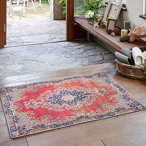 Washable Rug Doormat 2x3, Rubber Backed Non-Slip Rugs, Kitchen Area Persian Rug, Entryway Mats Indoor, Accents Rug, Small Red Traditional Distressed Vintage Boho Rugs, Foldable Rug, rv Carpet