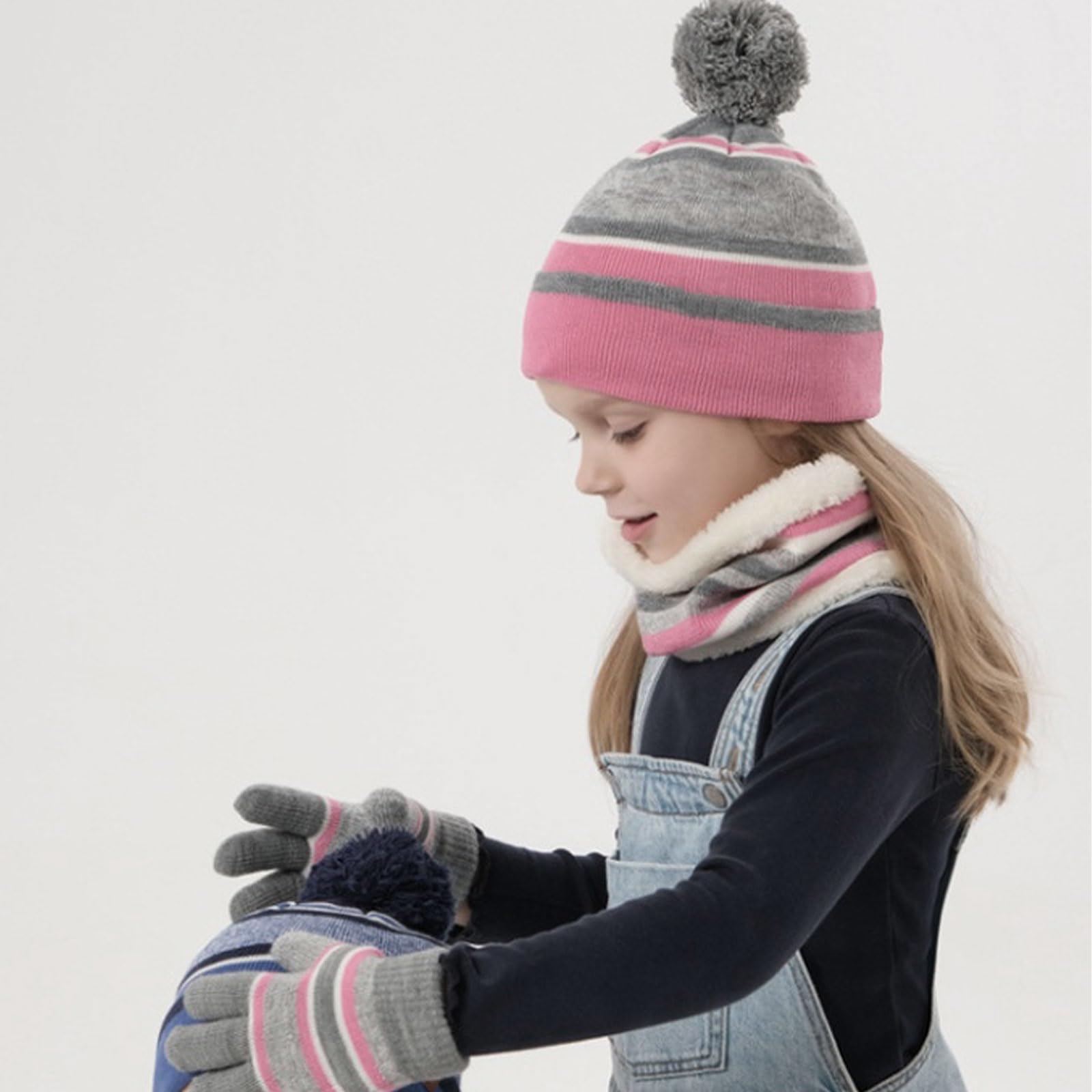 Dziecięca czapka zimowa w paski, dzianinowa czapka beanie, komin, szalik, rękawiczki, zestaw z grubą podszewką z polaru, bawełna, dzianina termiczna, pompon, czapka ocieplacz na szyję, dla