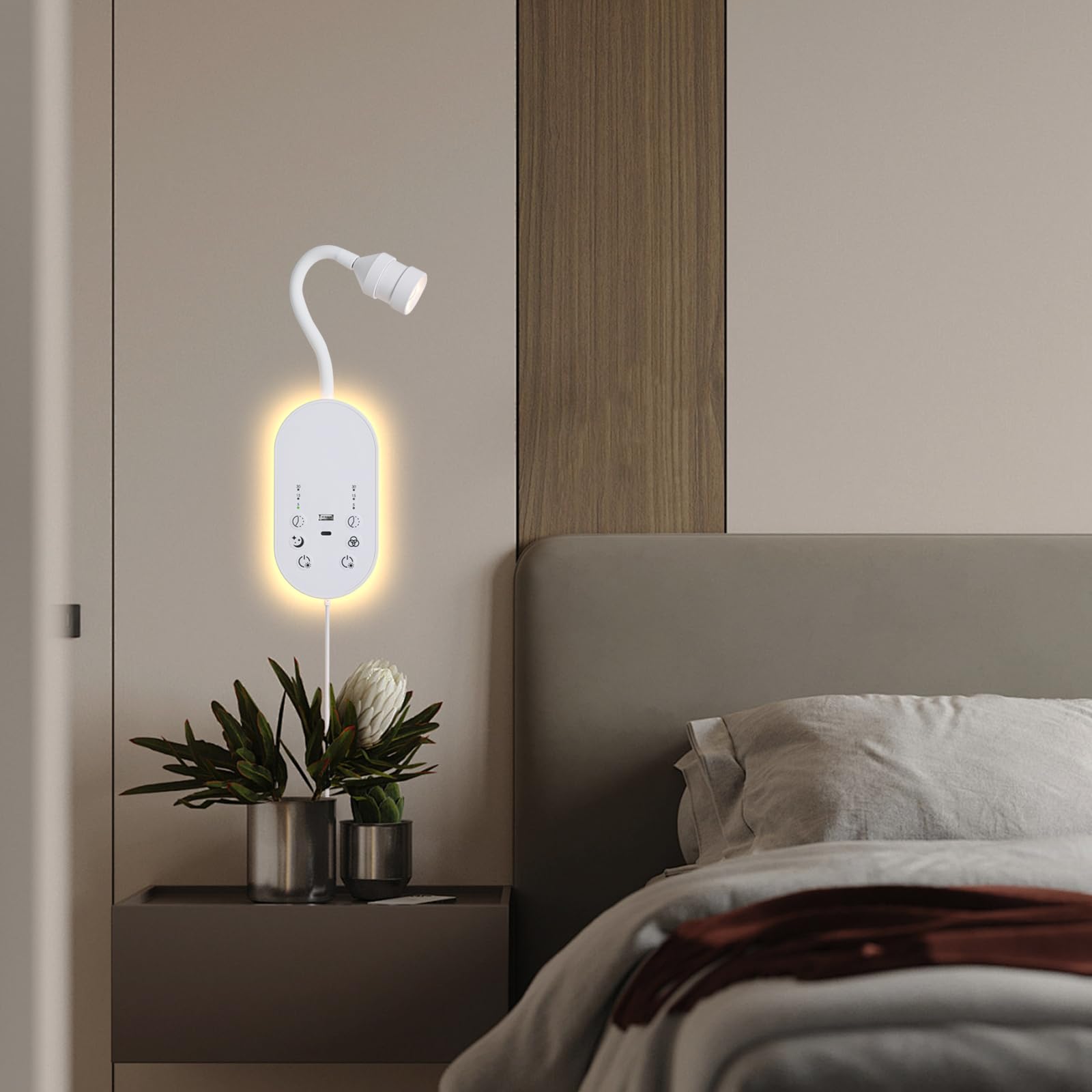 LED Wandmontierte Leselampe für das Bett, Buchlicht zum Lesen mit Touch-Steuerung, stufenlos dimmbar, flexibles Schwanenhals Bettlicht mit USB C+A, Nachtlicht & Timer-Funktion (Weiß)