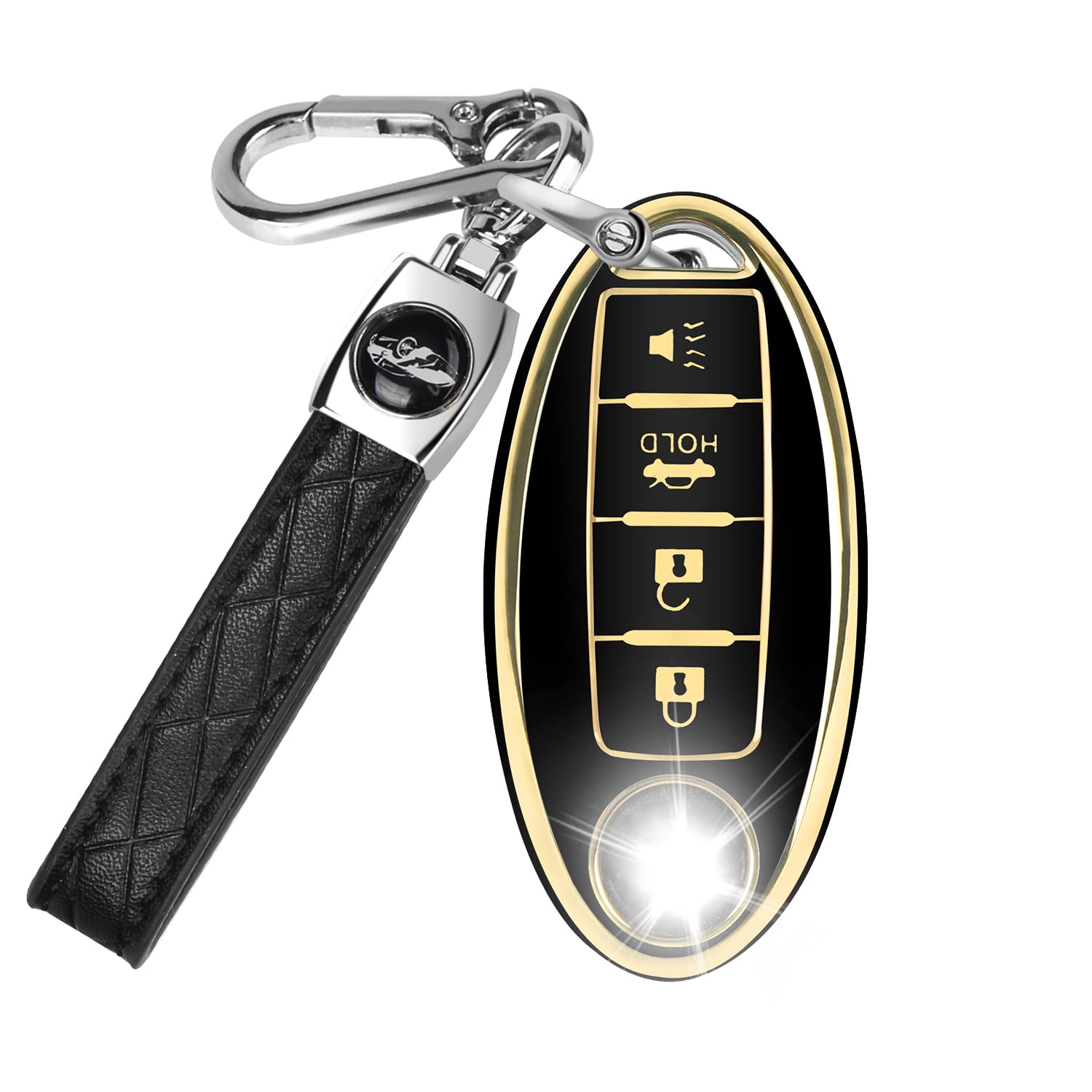 MILD EAST 4 Button Key Fob Cover for Altima Armada Maxima Murano Pathfinder Rogue Infiniti, Soft TPU Key Case Shell with Leather Keychain Full Key