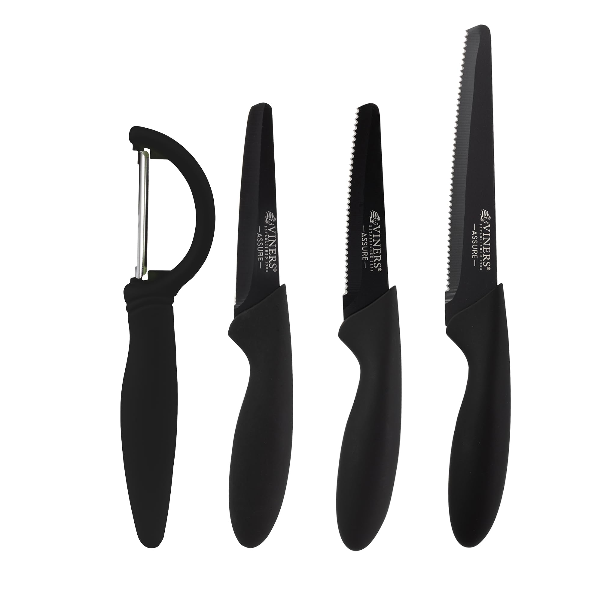 Viners Assure 4 Piece Peel and Prep Knife Set Stainless Steel Blades with Squared Tips for Safety,Rust-Resistant