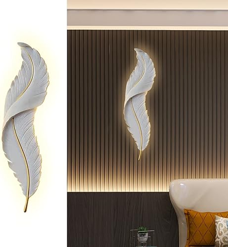 Miniatura 1 de Lámpara de pared de plumas moderna LED regulable con diseño de plumas blancas elegante 3000 K-6000 K, lámpara de pared LED vintage para dormitorio,
