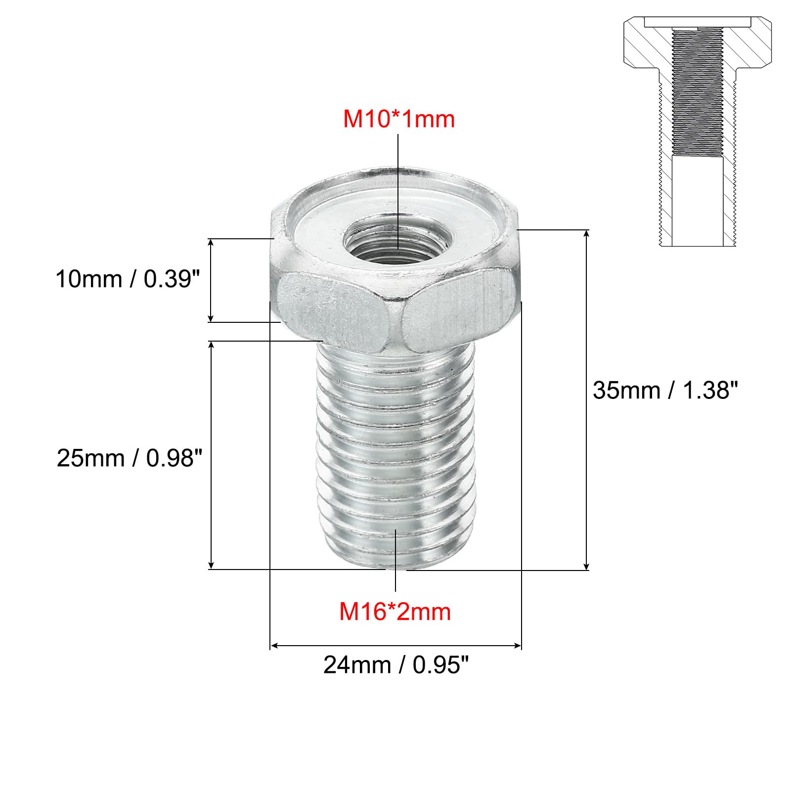 PATIKIL M16x2 to M10x1 Hex Thread Reducing Connector - Image 2