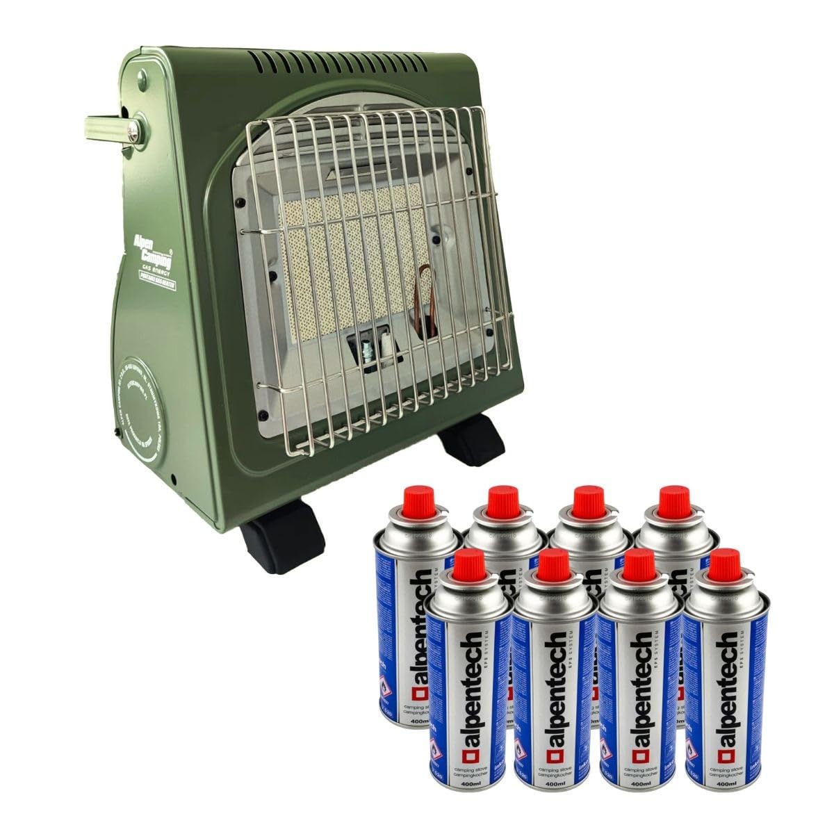 Alpen Camping - Calefacción de gas de 1700 W + 8 cartuchos de gas Butano - Calefacción auxiliar exterior verde con seguridad termopar ODS