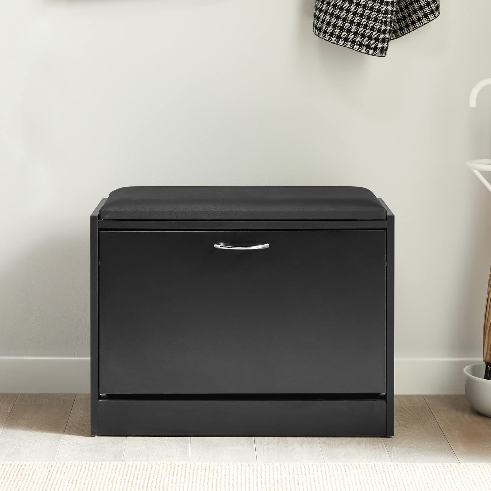 SoBuy Schoenenbank met Zitkussen,Schoenenrek, Schoenenopbergunit met 1 Klep, Compacte Zitbank voor Hal of Entree, 60x47x24 cm, Wit, FSR16-K-W