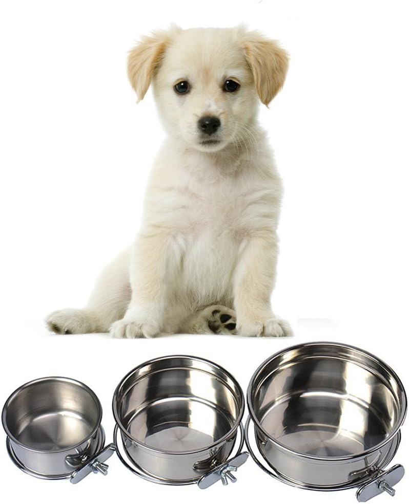 Pet Dog Stainless Steel Coop Cups with Clamp Holder – Detached Dog Cat Cage Kennel Hanging Bowl,Metal Food Water Feeder for Small Animal Ferret Rabbit (Medium)