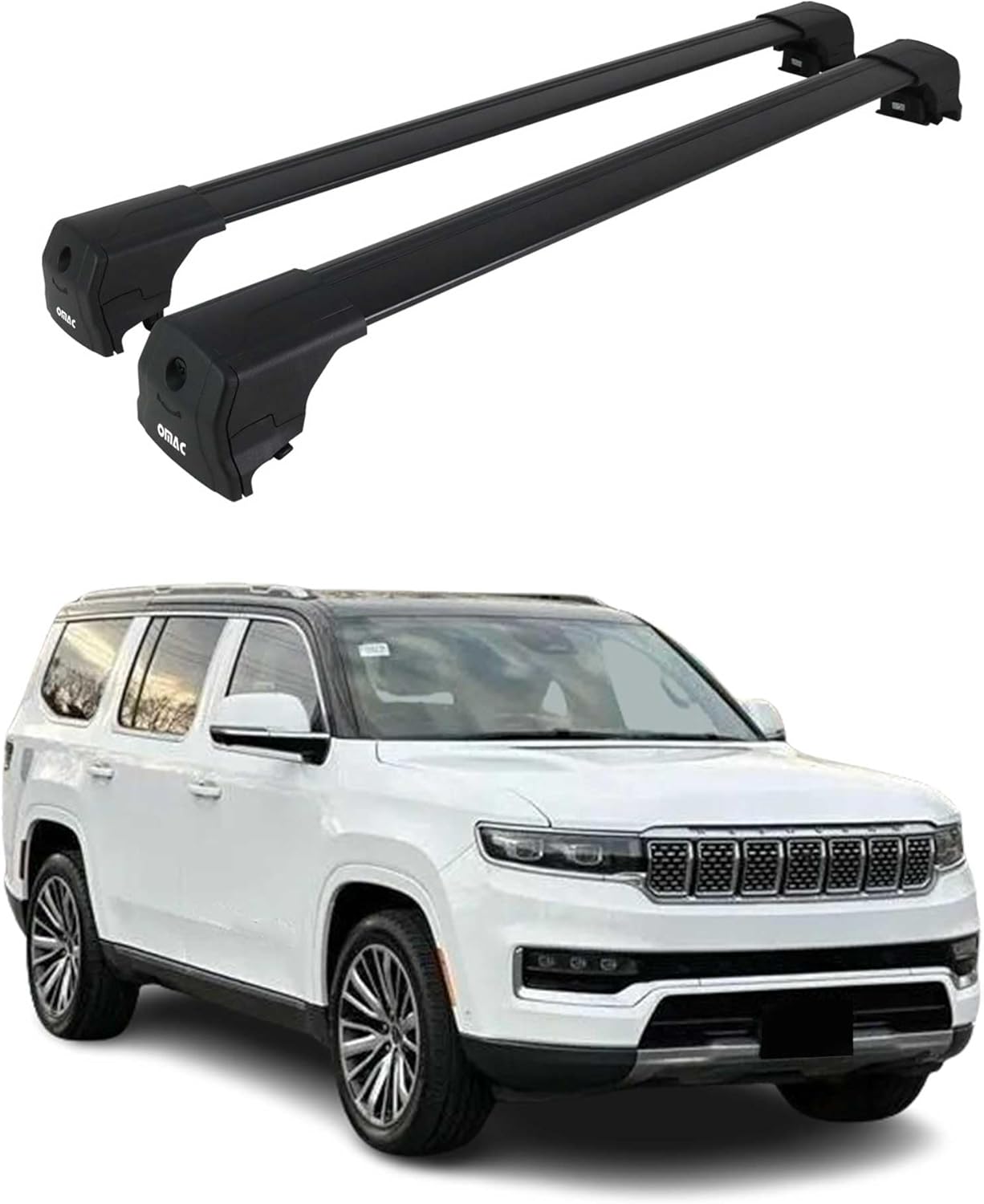 OMAC Roof Rack Cross Bars for Jeep Grand Wagoneer/Wagoneer / 2022-2026 Lockable 165Lbs Aluminium Black 2Pcs fits Flush Rails Cargo Carriers Kayak Canoe Bike Snowboard
