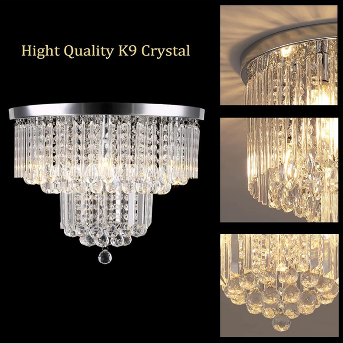 Crystal Chandelier Flush Mount Ceiling Light W18 x H13, 5 Lights Modern Round Raindrop Crystal Chandeliers Light Fixtures for Bedroom Living Room Entryway, Chrome Silver