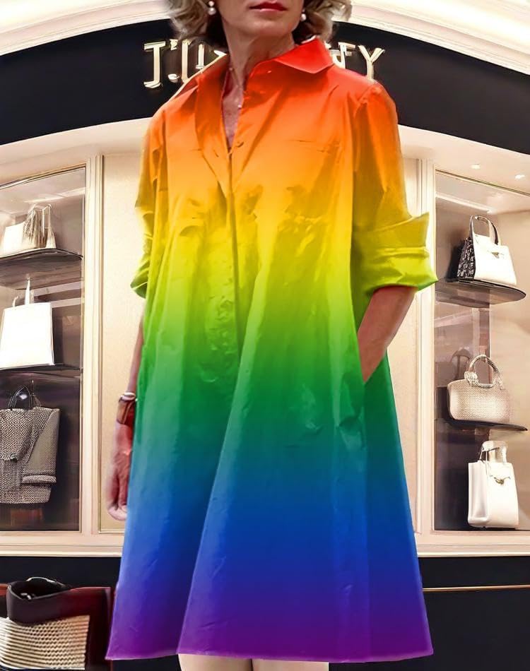 Womens 2025 Long Sleeve Button Down Shirt Summer Dress Casual V Neck Loose Fit Midi Shirt Dresses with Pockets - Image 5