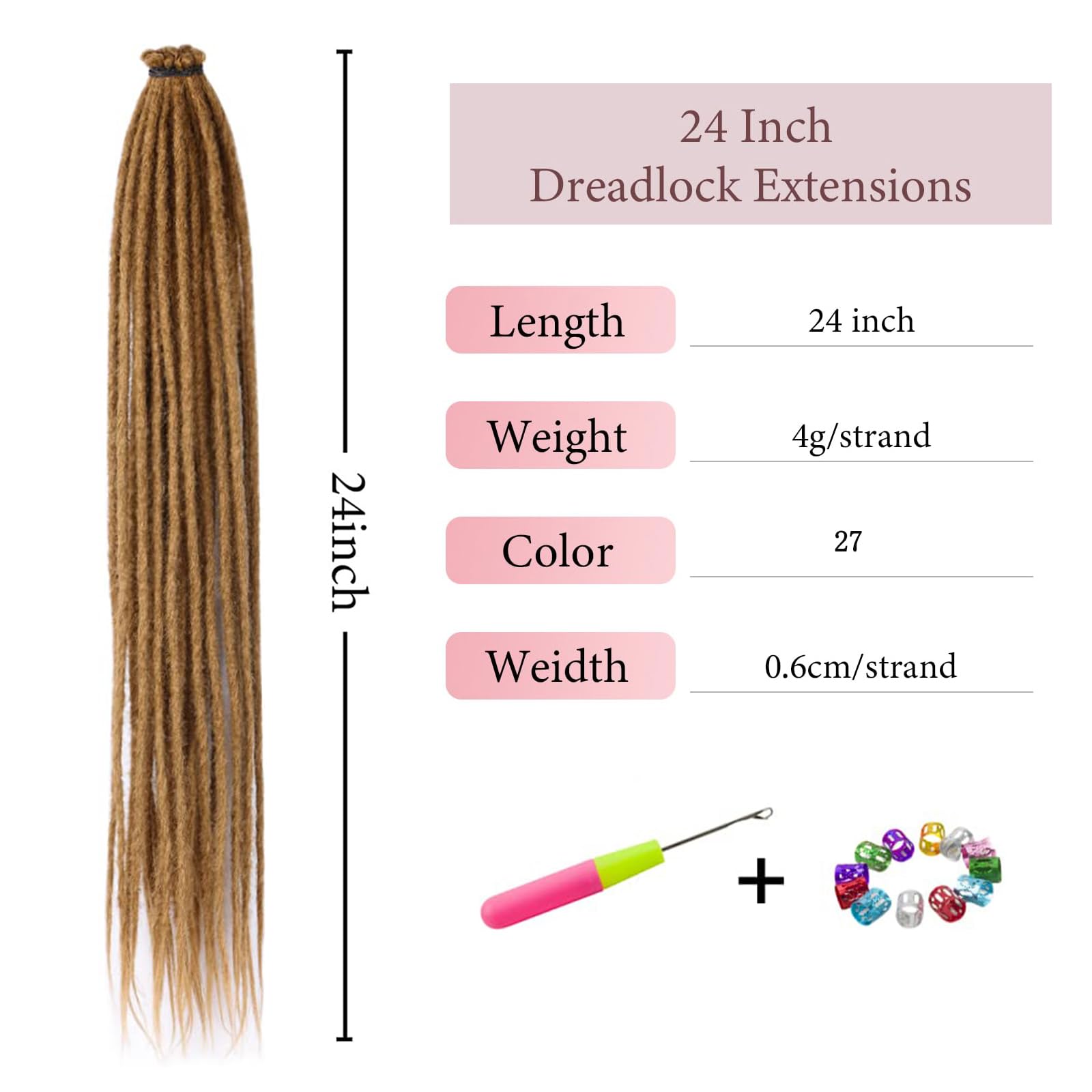 20 Strands Dreadlock Extensions 24 Inch Synthetic Hippie Single Ended Dreads Ginger 0.6 cm Width Loc Extensions Reggae Style Crochet Hair for Women (27)