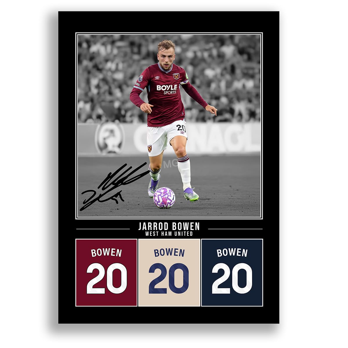 Jarrod Bowen West Ham Signed Photo Poster Print Picture Display Framed Autograph Memorabilia for Football Fans Gift England (A3 Poster Only Black)