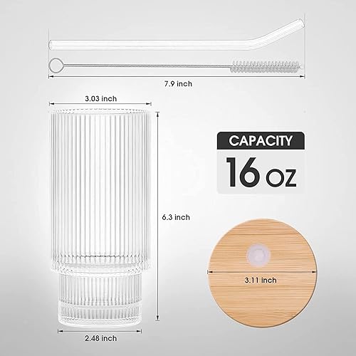 Miniatura 2 de ALINK Juego de 4 vasos acanalados de 16 onzas con tapas de bambú y pajitas de vidrio, vasos de café helado vintage, vaso de vidrio estilo origami