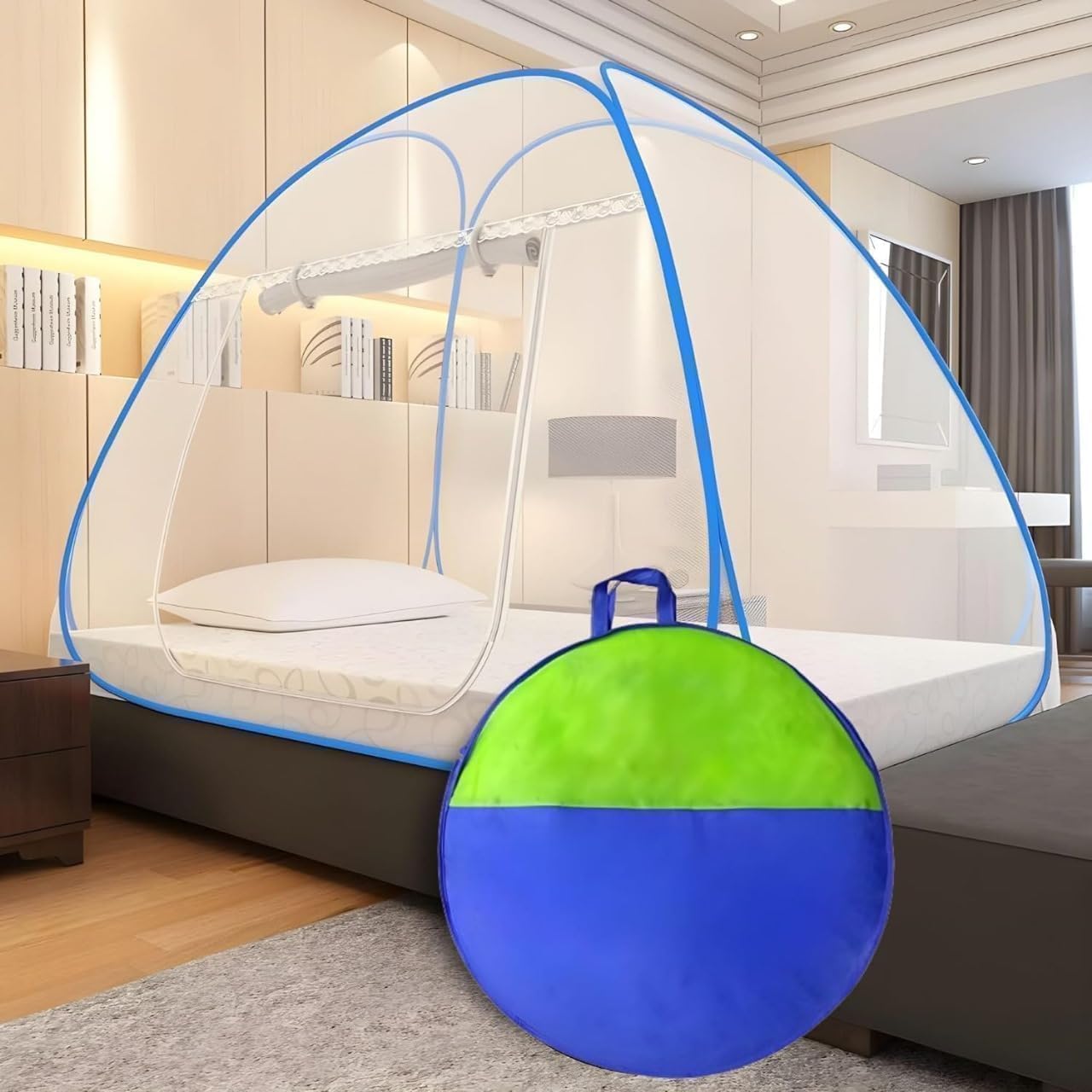 Mosquito Net for Double Bed | King Size Foldable Machardani | Strong Polyester 30 GSM Net with PVC Coated Steel Frame | Portable & Washable Mosquito Net for Bedroom (White Blue)-image-44