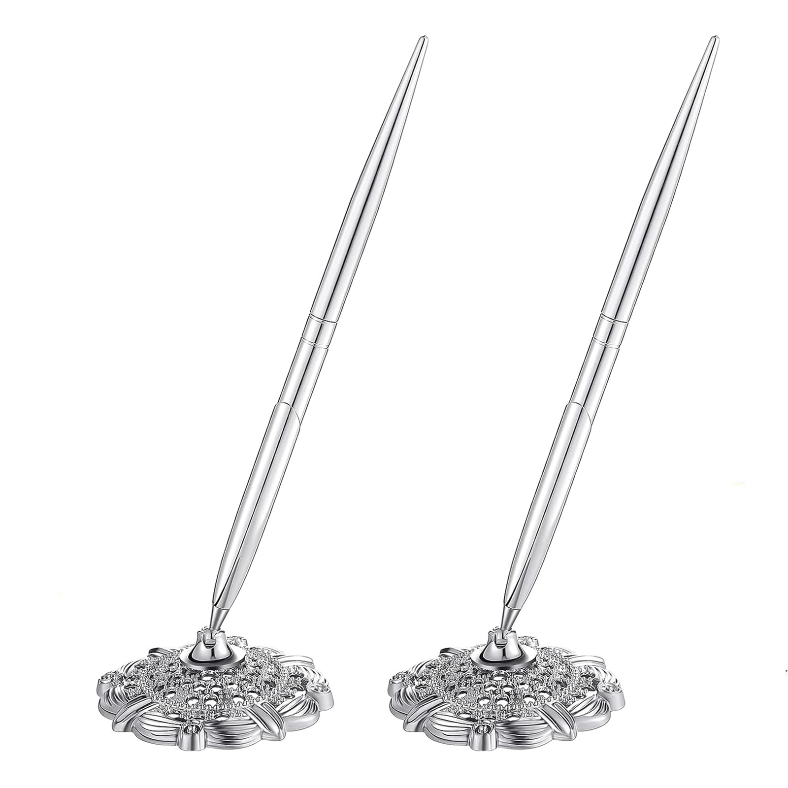 Rayibuir 2 Pieces Hollow Round Pen Holder Signing Pen Set for Wedding Bridal Engagement Guests Book Valentine's Day Favor (Silver)