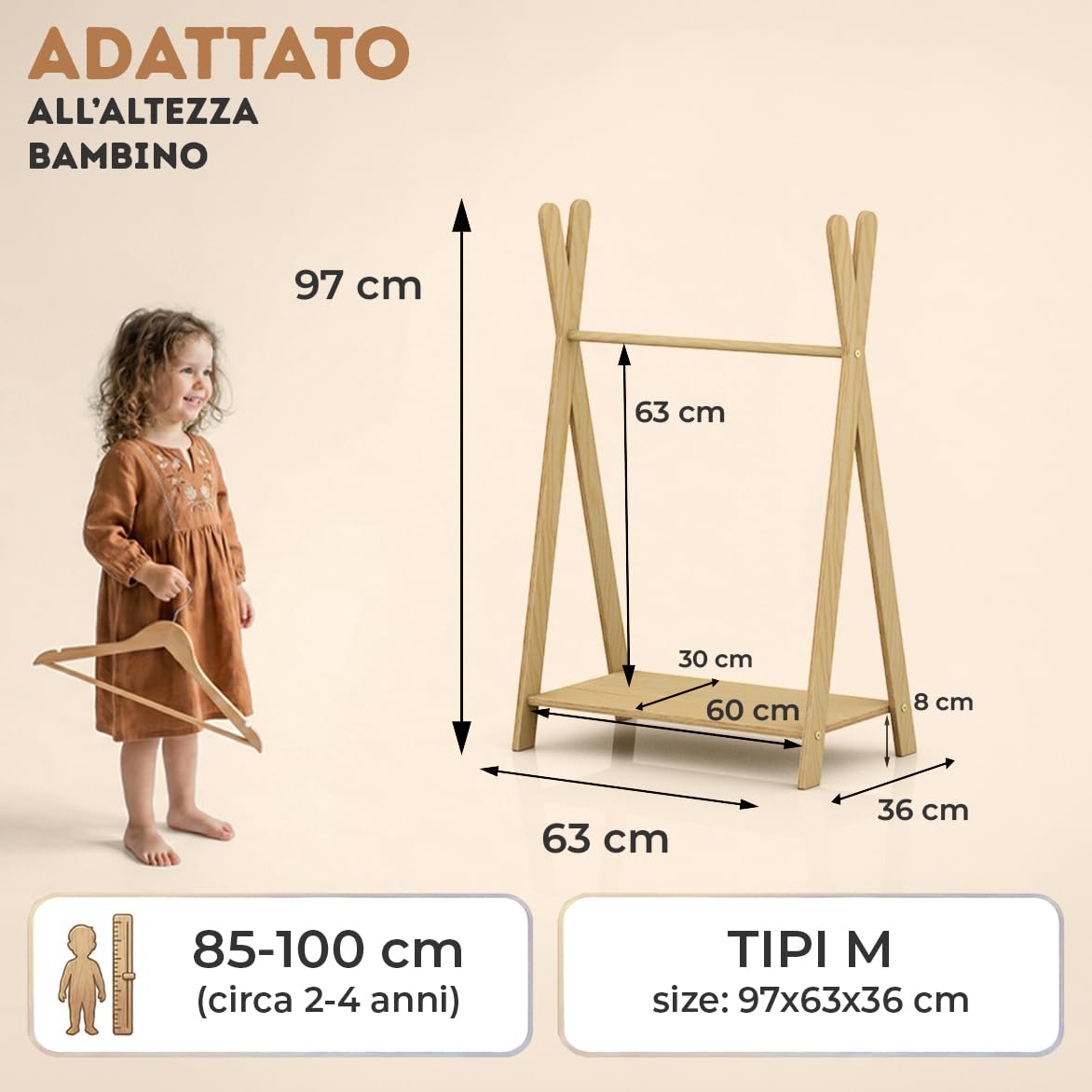 smartwood Appendiabiti da Terra TIPI M 97x63x36 cm - Attaccapanni Montessori in Compensato di Pino FSC con Barra per Vestiti e Mensola - Appendiabiti Bambini con Capacità di Carico fino a 30 kg