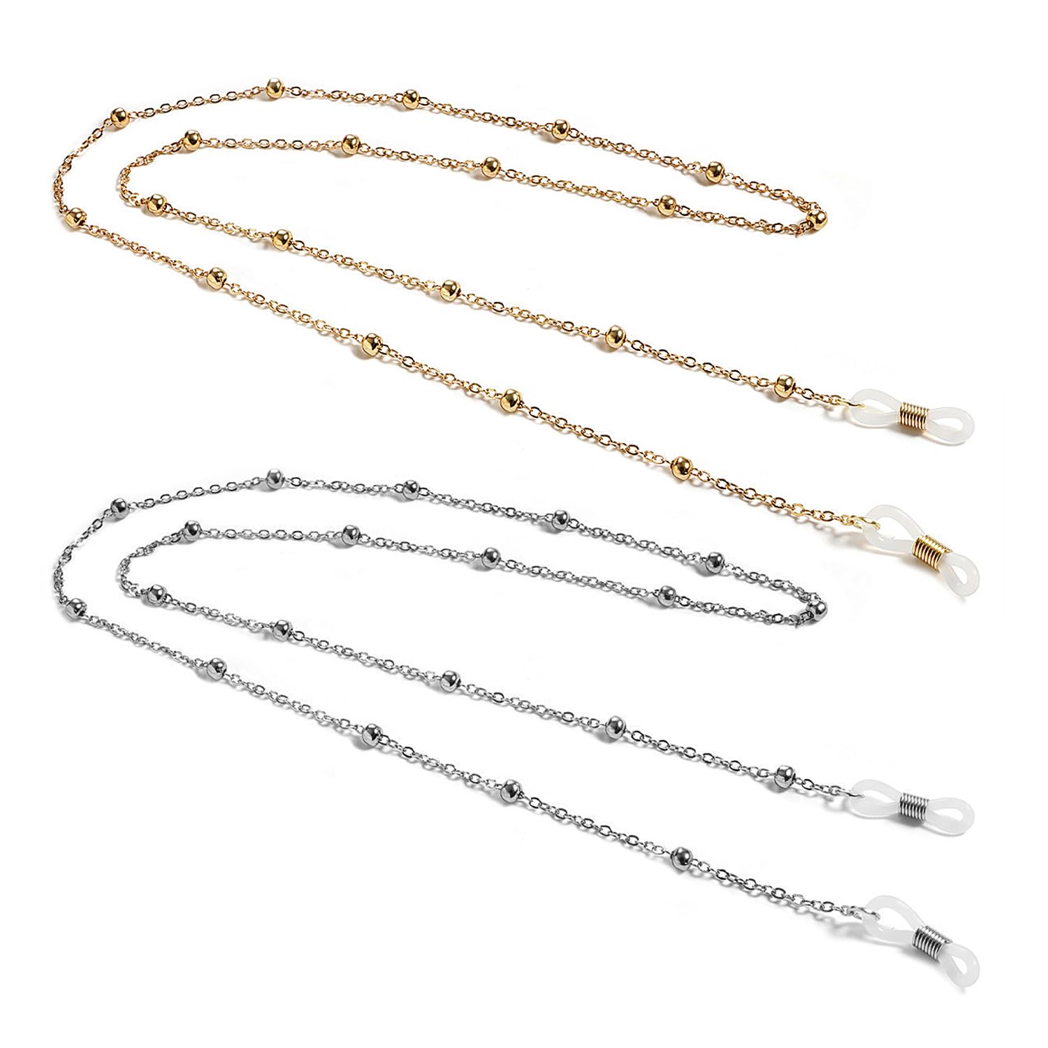 KRYMSON Juego de 2 cadenas para gafas de mujer doradas y plateadas, para mujer, accesorios para gafas, cuentas, máscaras faciales, cadenas para gafas de sol, Oro, plata., Länge 70 cm