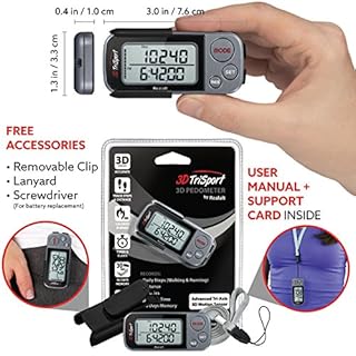 Realalt 3DTriSport 3D Walking Pedometer with Clip & Strap, Accurate Step Counter with 30-Day Memory, Distance in Miles/KM Large Display Perfect for Seniors & Beginners eBook Included - Grey/Black