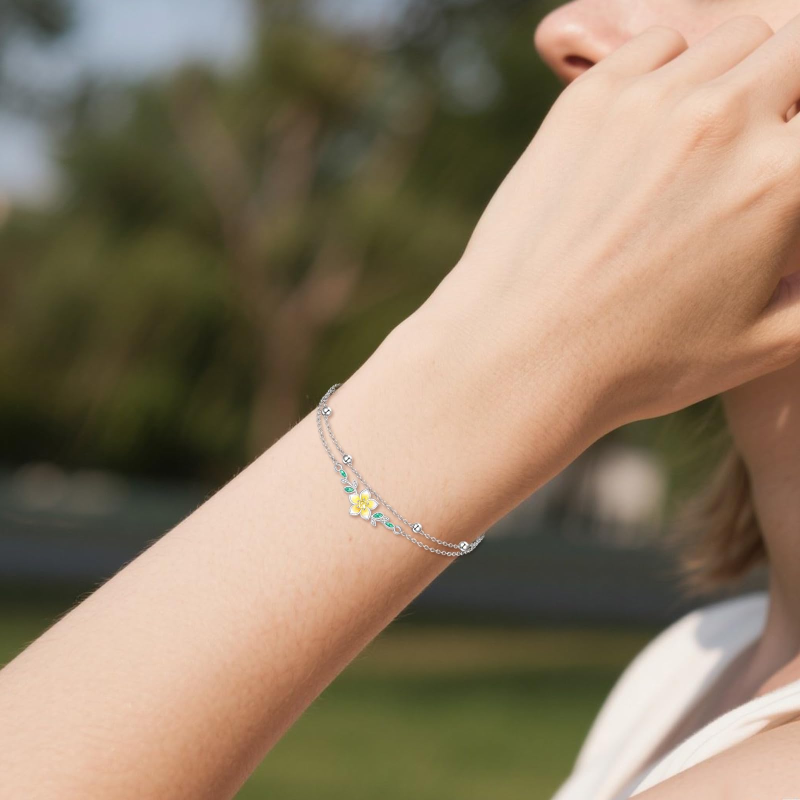 YFN Bracciale in argento sterling 925, a doppio strato, con fiori, alla moda, regalo di compleanno, per signore, madre, nonna
