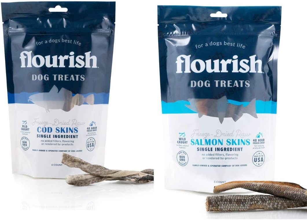 Flourish Pets Freeze Dried Raw Pet Treats for Dogs (Cod Skins & Salmon Skins, 2-Pack)