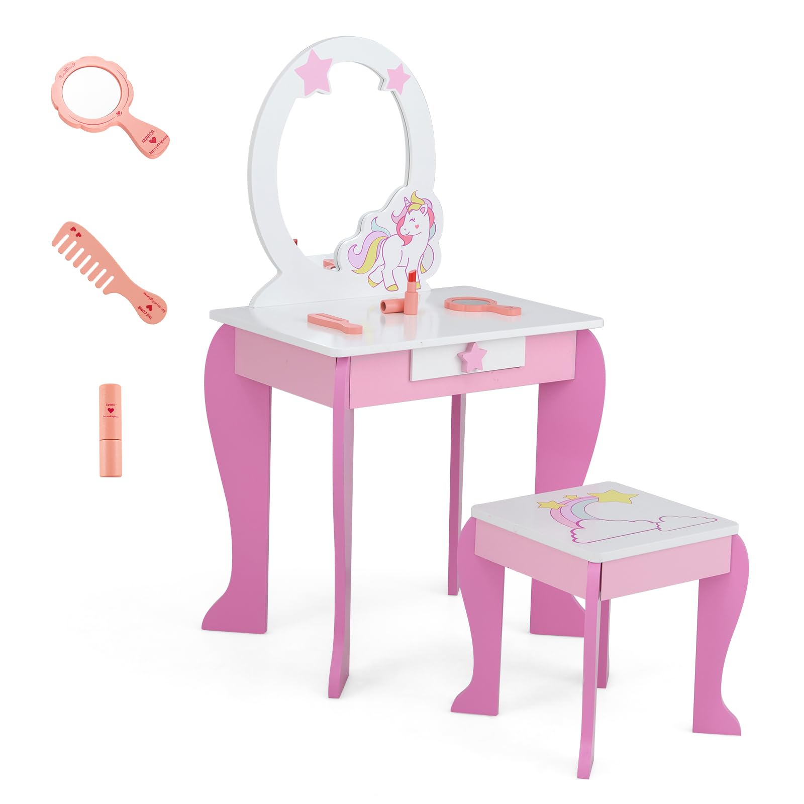 LIFEZEAL Coiffeuse avec Miroir et Tabouret Enfant, Coiffeuse Enfant Licorne Fille 3-7 Ans, Table de Maquillage Bois avec Tiroir pour Petite Princesse (Rose)