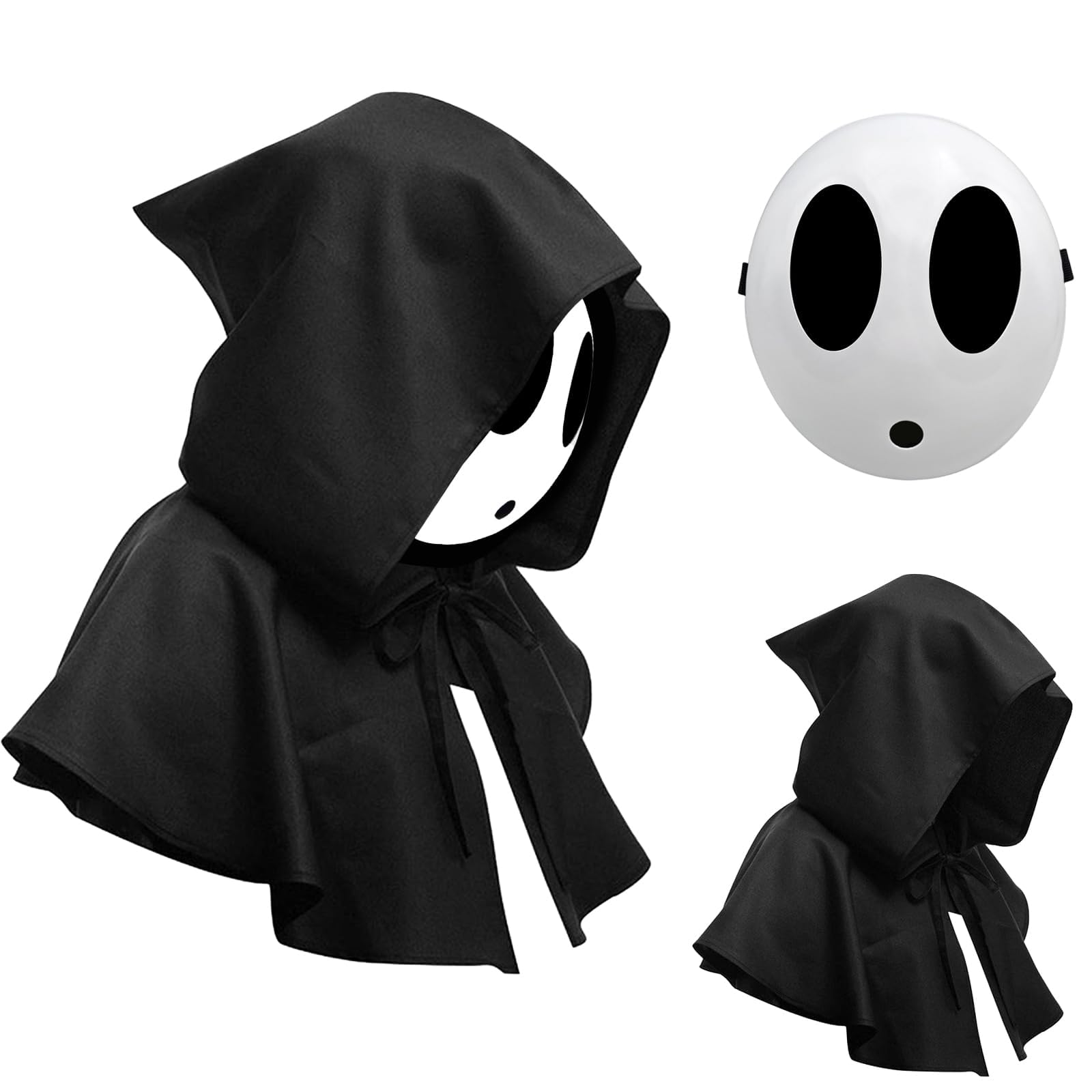 Hyelntu Shy Guy Mask Costume 2pcs Scream Anime Face Mask with Knight Cloak White Plastic Shy Guy Mask for Adult Halloween Cosplay (Black-boy)