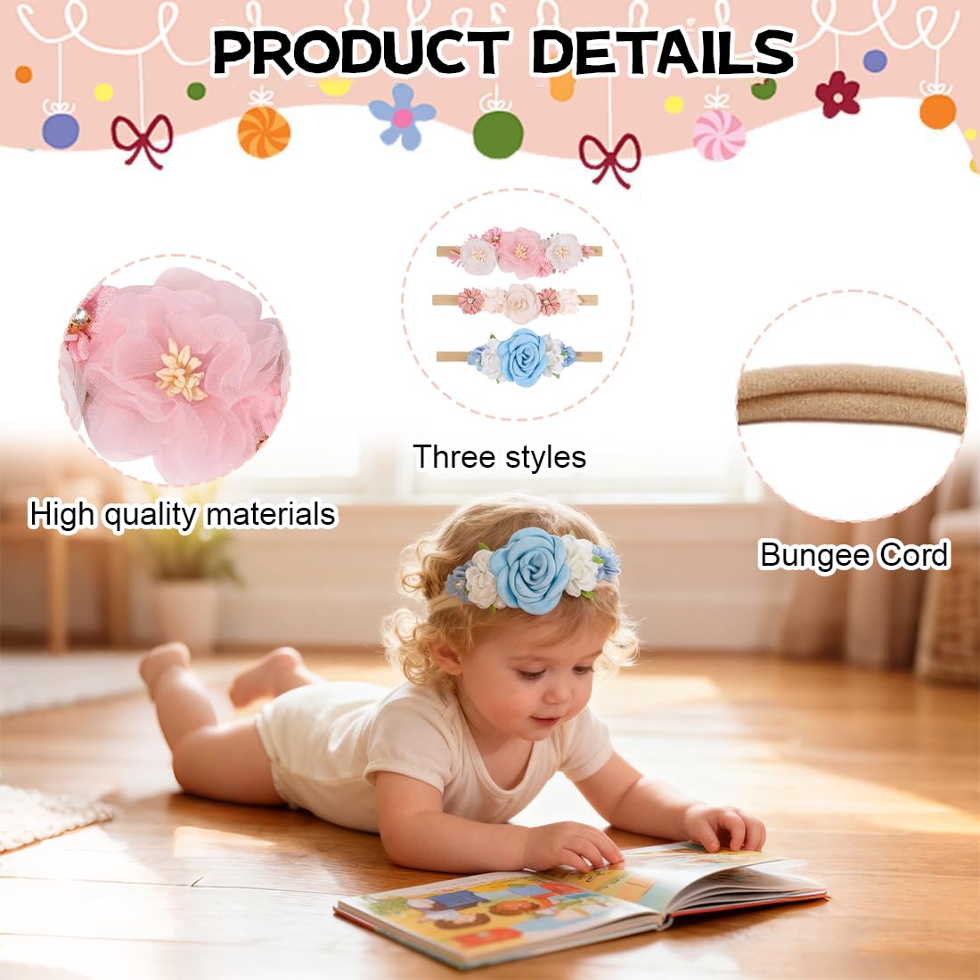 Set 3 Fasce Capelli Neonato – Fascia elastica morbida con fiocchi e fiori, Accessori capelli bambina per foto, uso quotidiano e idea regalo