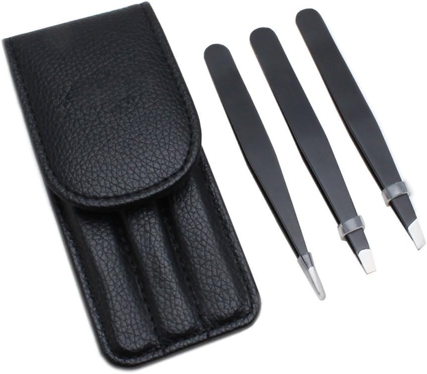 Tweezer Set 3-Piece Professional Stainless Steel Tweezers with Travel Case, Slant Pointed Flat, for Eyebrow, Ingrown Hair, Splinter Removal