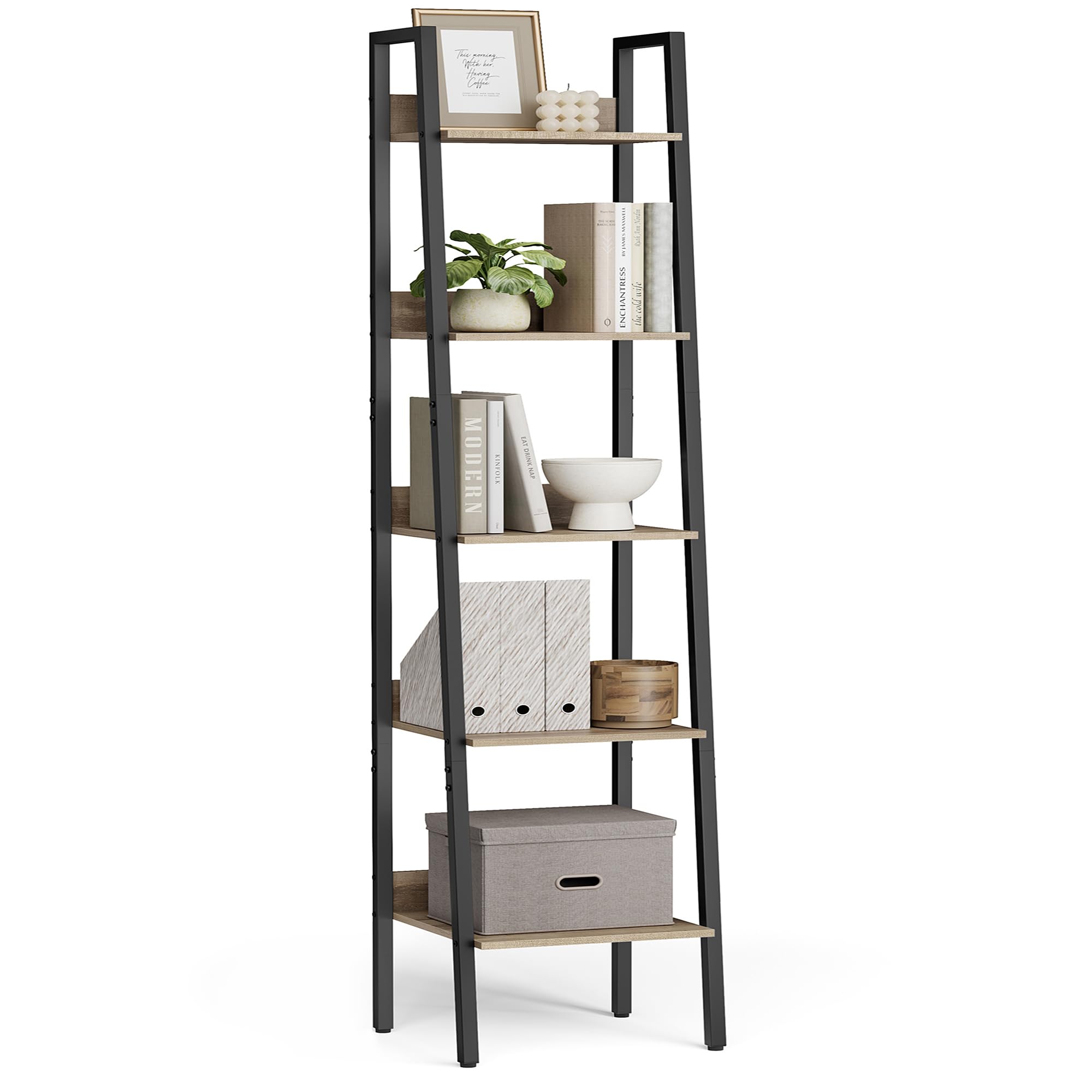 VASAGLE Bookshelf, 5-Tier Narrow Book Shelf, 11.8 x 13.3 x 66.9 Inches, Ladder Shelf for Home Office, Living Room, Bedroom, Kitchen, Camel Brown and