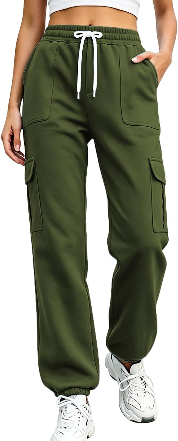 Women Cargo Jogger Sweatpants Elastic Waist Casual Track Pants | Soft Fleece Fabric with Multi Cargo Side Pockets, Drawstring Elastic Cuffs Fit Snugly for Daily Walking and Workout Wear