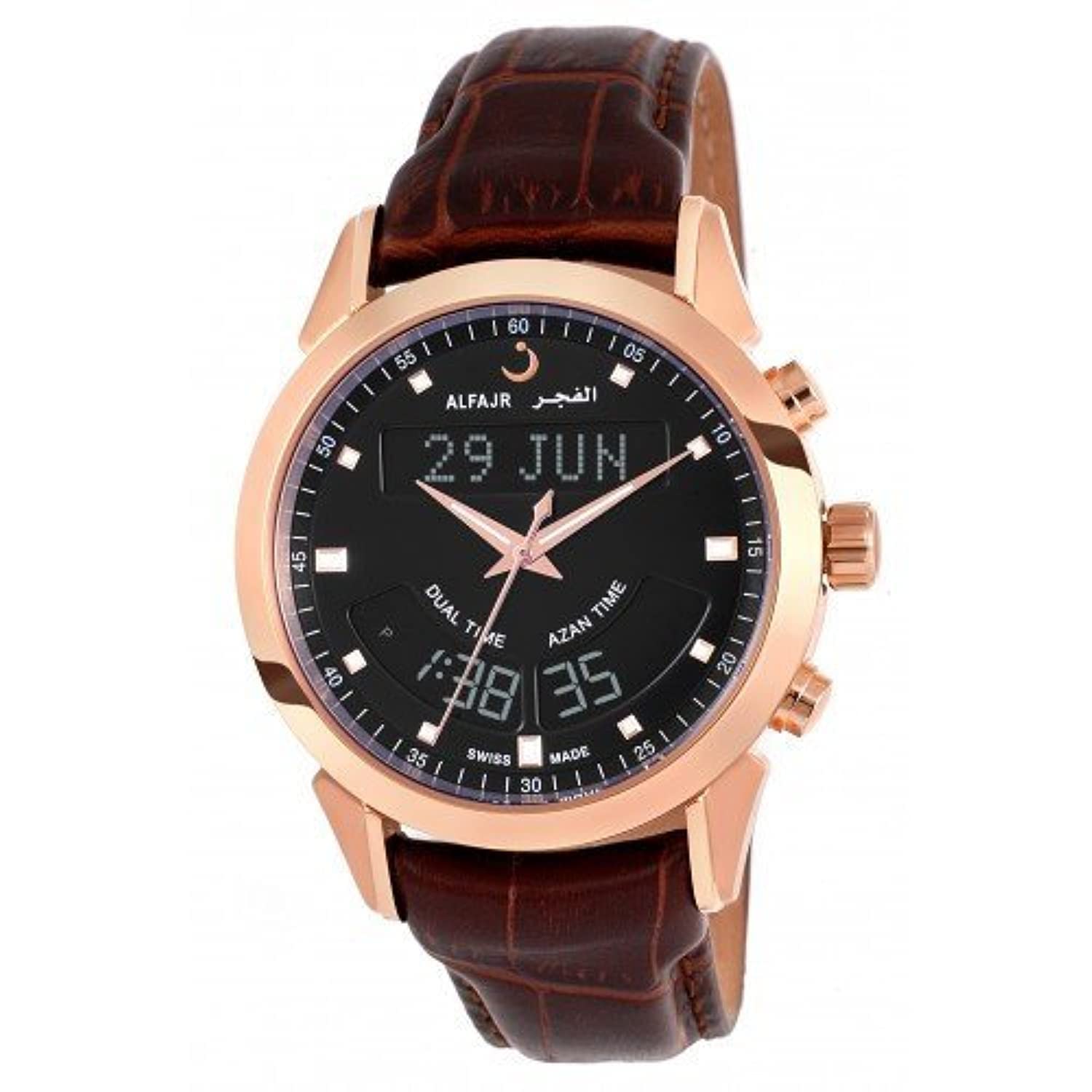 ALFAJR Men Analogue Brown Band Al Fajr Swiss-Made Watch (Model WA-10B) Brown Leather, Bronze, Strap (WA-10RBL)