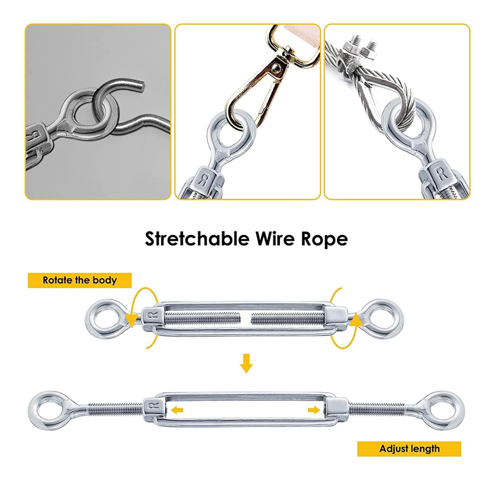Tensor de Cable con Tensor de Cadena, Tensores de Cuerda de Alambre Ajustables de Acero Inoxidable 304, tensores M6 Ojo a Ojo de Estilo Europeo, Paquete de 5