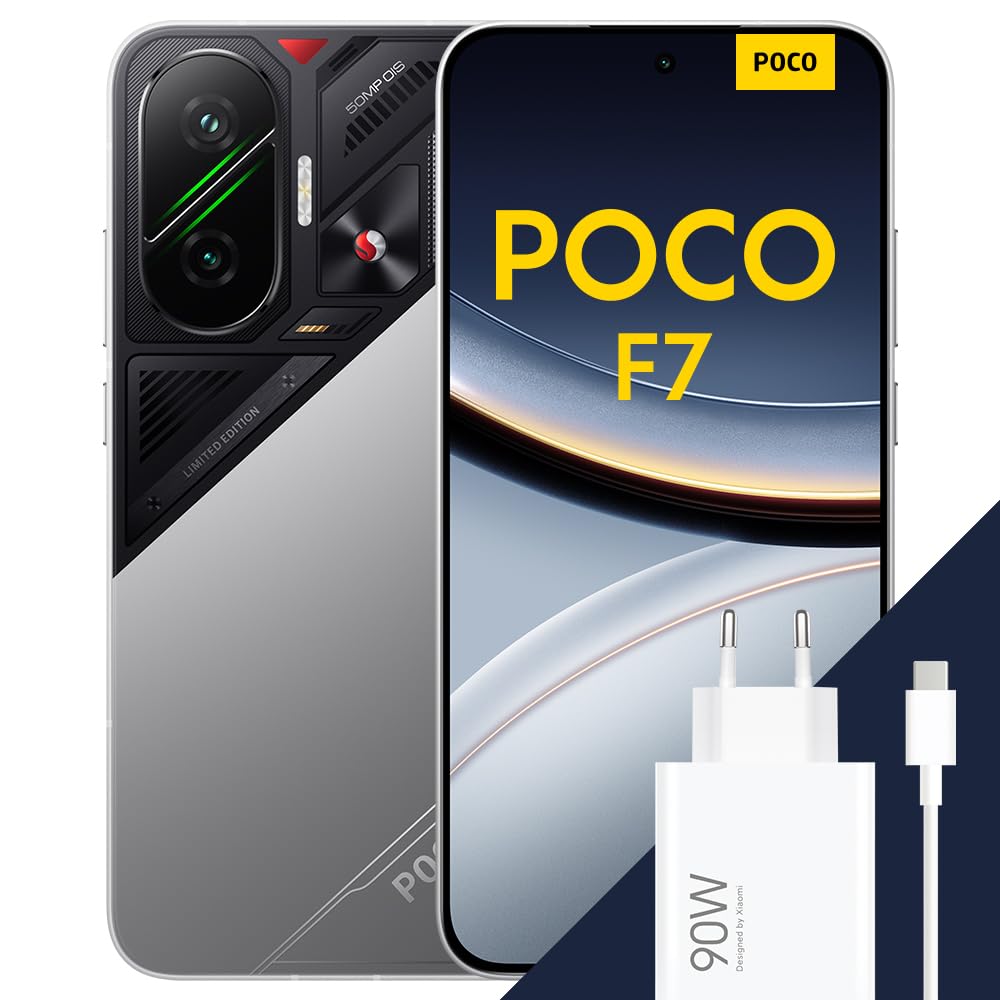 POCO F7 Smartphone, 12+256GB, Argento, Snapdragon® 8s Gen 4 Flagship, Batteria 6500mAh, Fotocamera Sony da 50MP con OIS, Display AMOLED 6.83" 1.5K 120Hz (Adattatore incluso a seconda della confezione)