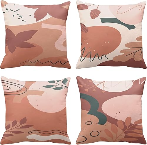 Emvency Juego de 4 fundas de almohada bohemias de mediados de siglo, 18 x 18 pulgadas, diseño de hojas, bohemio, gris, rosa, decorativas, acuarela,